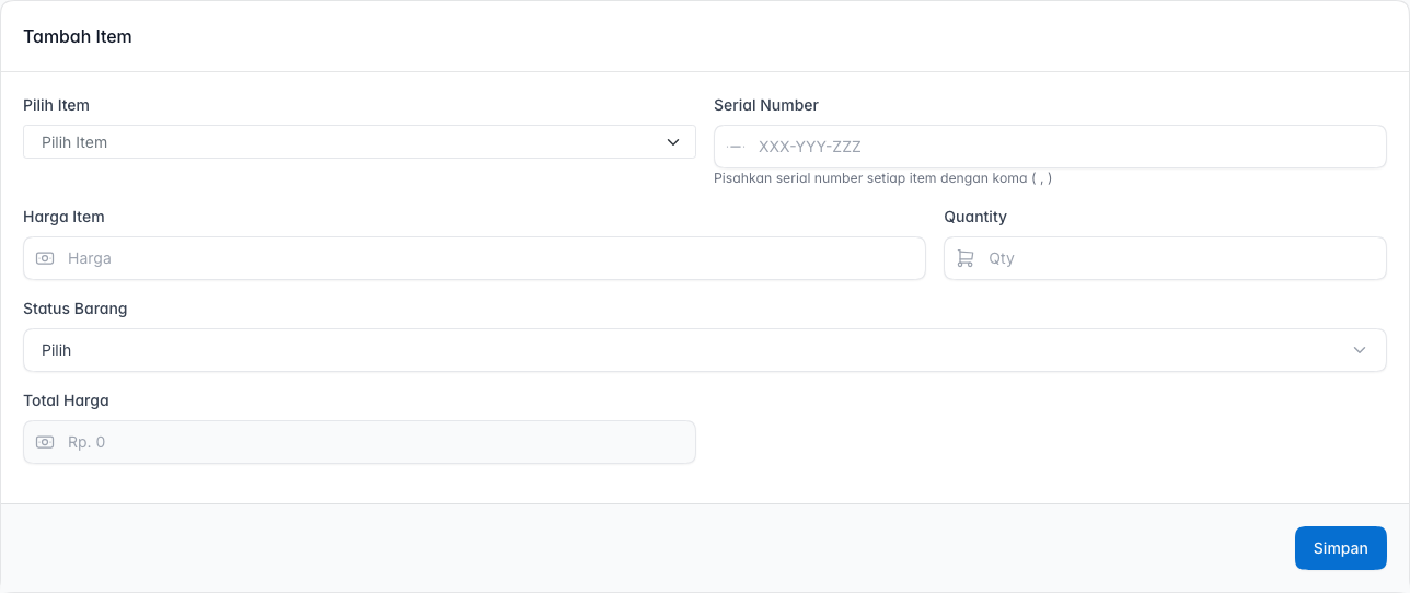 Bagian Tambah Item pada form invoice baru