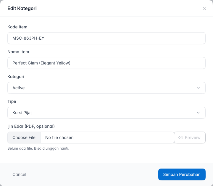 Modal edit item dengan data lama terisi